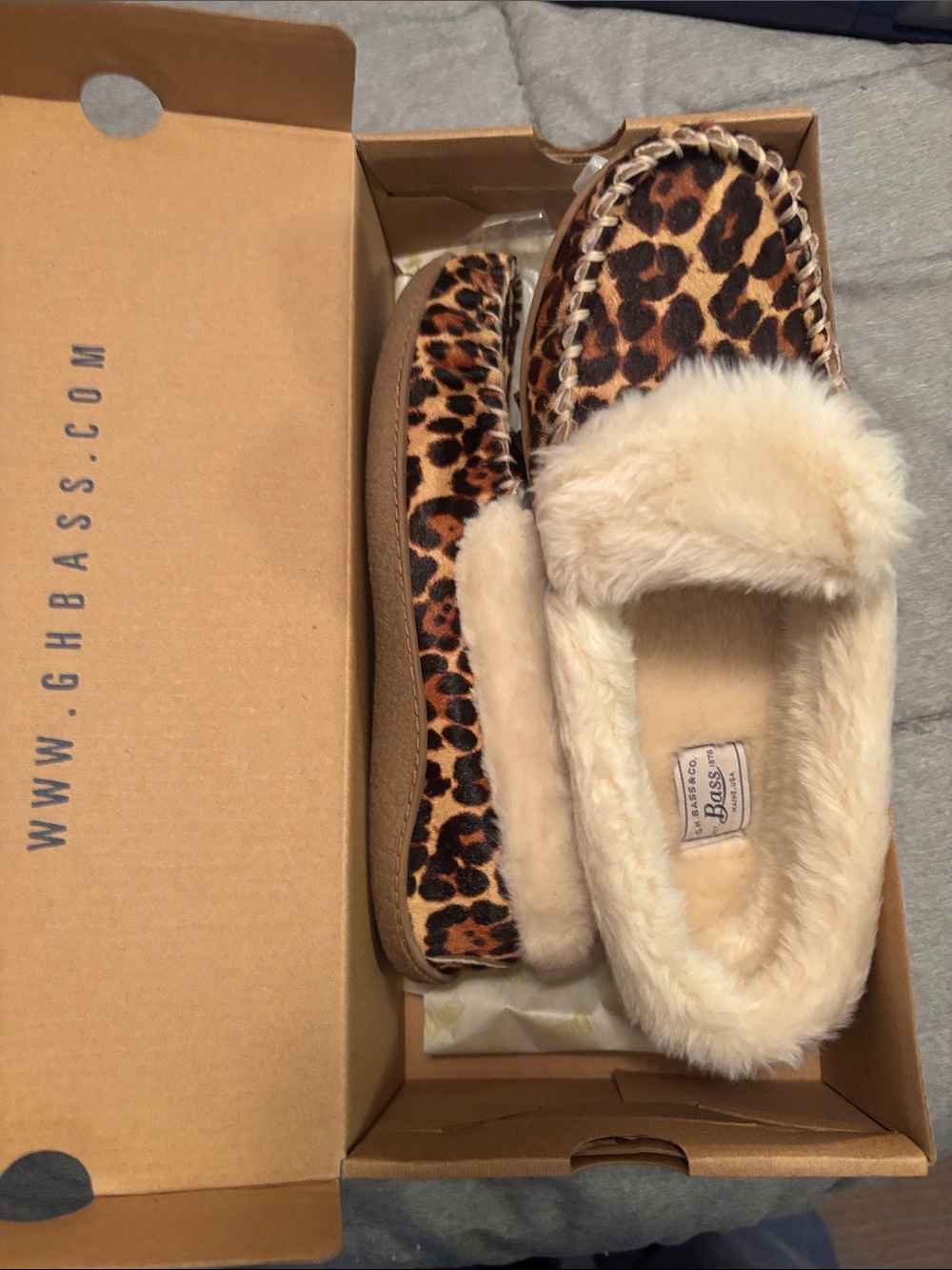 BASS Leopard Print Faux Fur Lined Moccasins in Brown and Cream